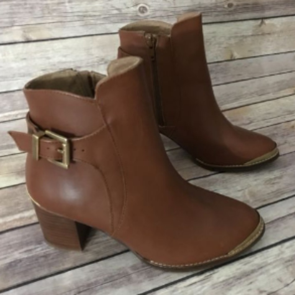 Dune London Leather Buckle Ankle Strap Brown Boots
